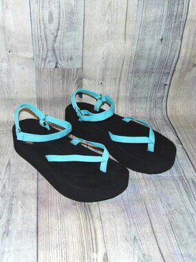 TEVA Flatform Slim Bright Teal/Black Platform Sandals Womens Size 10